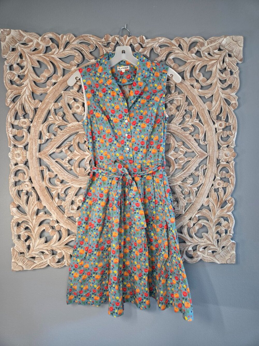 La Soul Sleeveless Floral Midi Dress in Teal with Tie Waist 100% cotton